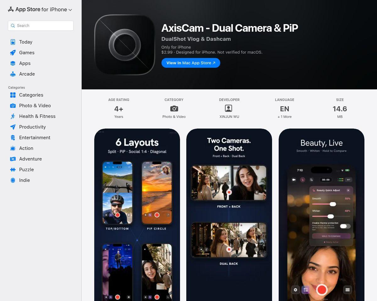 https://apps.apple.com/us/app/axiscam-dual-camera-pip/id6763209457?at=1000l6eA