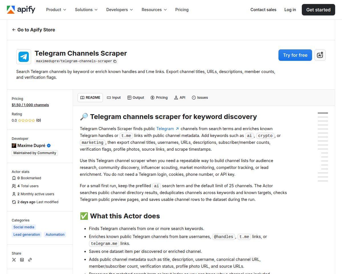 https://apify.com/maximedupre/telegram-channels-scraper